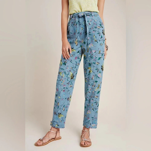 ANTHROPOLOGIE Victoria Floral Cargo Pants in Blue *NO BELT* - Picture 2 of 14